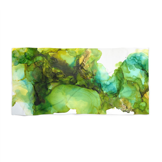 "Green Marble" Beach Towel — Abstract Alcohol Ink Print for Summer, Pool & Travel